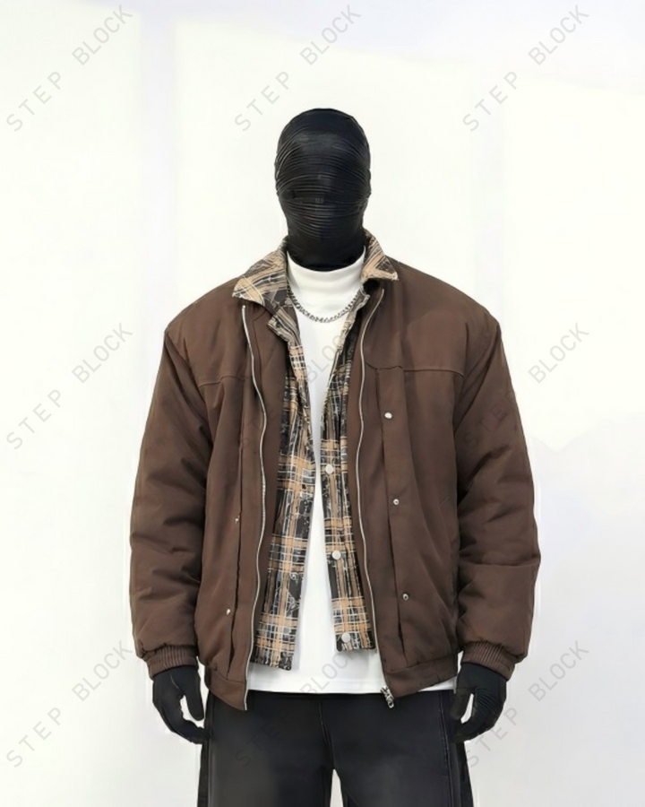 STEP BLOCK ST027 Plaid Lined Stand Collar Oversized Workwear Jacket