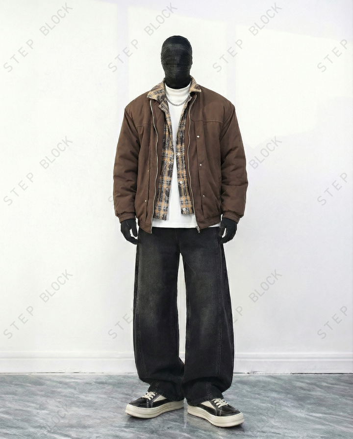 STEP BLOCK ST027 Plaid Lined Stand Collar Oversized Workwear Jacket