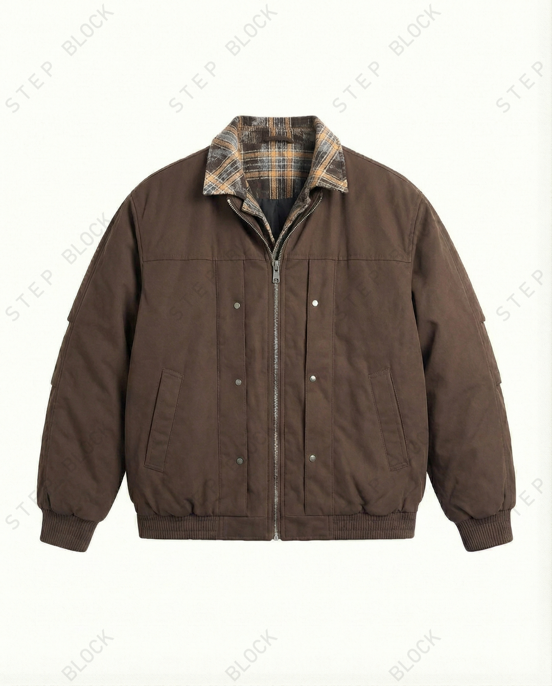STEP BLOCK ST027 Plaid Lined Stand Collar Oversized Workwear Jacket