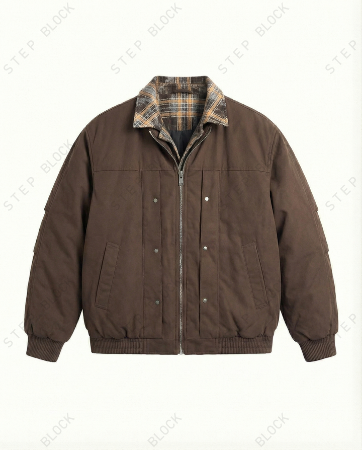 STEP BLOCK ST027 Plaid Lined Stand Collar Oversized Workwear Jacket