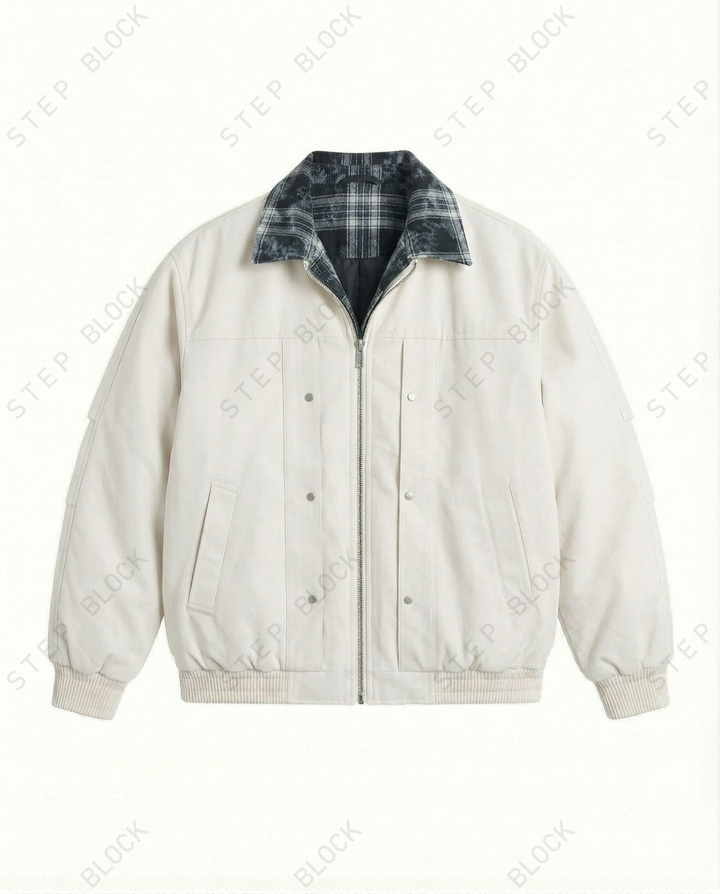 STEP BLOCK ST027 Plaid Lined Stand Collar Oversized Workwear Jacket