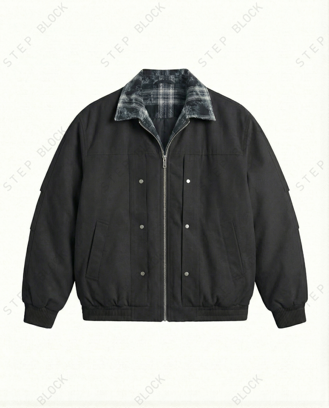 STEP BLOCK ST027 Plaid Lined Stand Collar Oversized Workwear Jacket