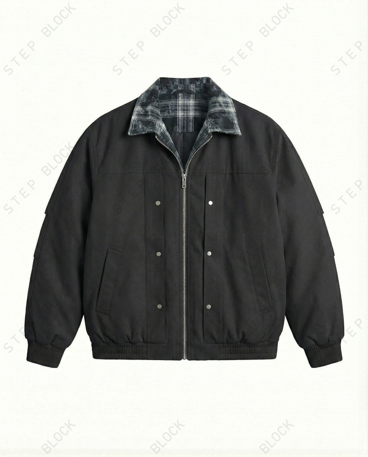 STEP BLOCK ST027 Plaid Lined Stand Collar Oversized Workwear Jacket