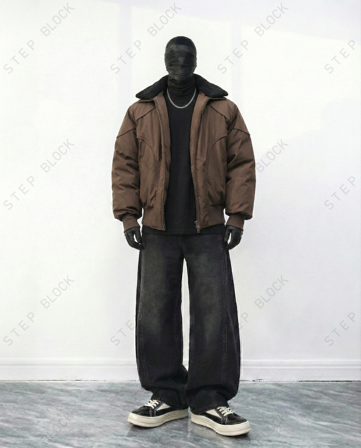STEP BLOCK ST055 Shearling Collar Washed Utility Bomber Jacket