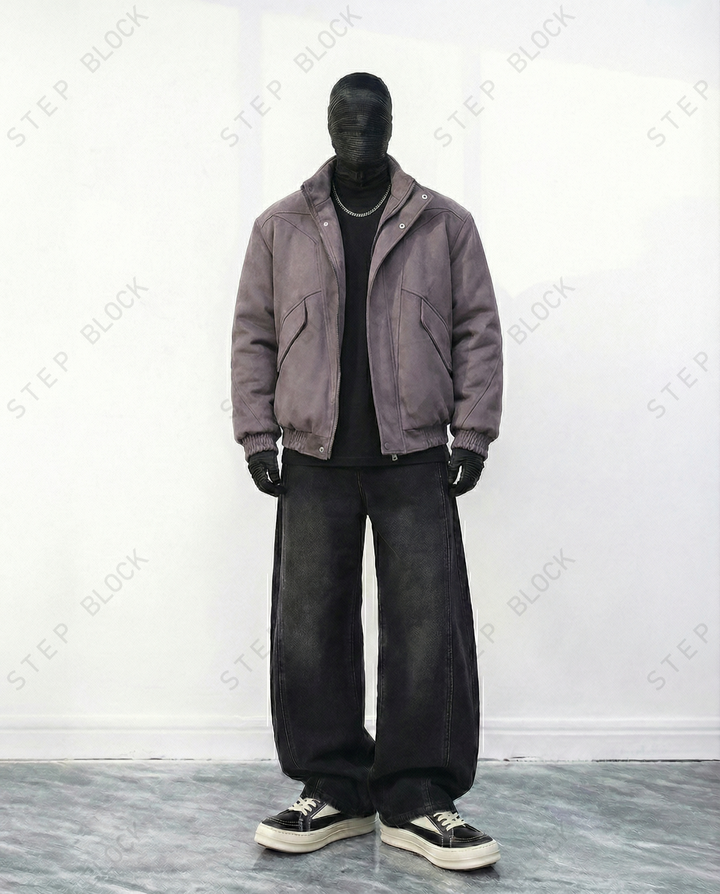 STEP BLOCK ST025 Washed Stand Collar Oversized Bomber Jacket