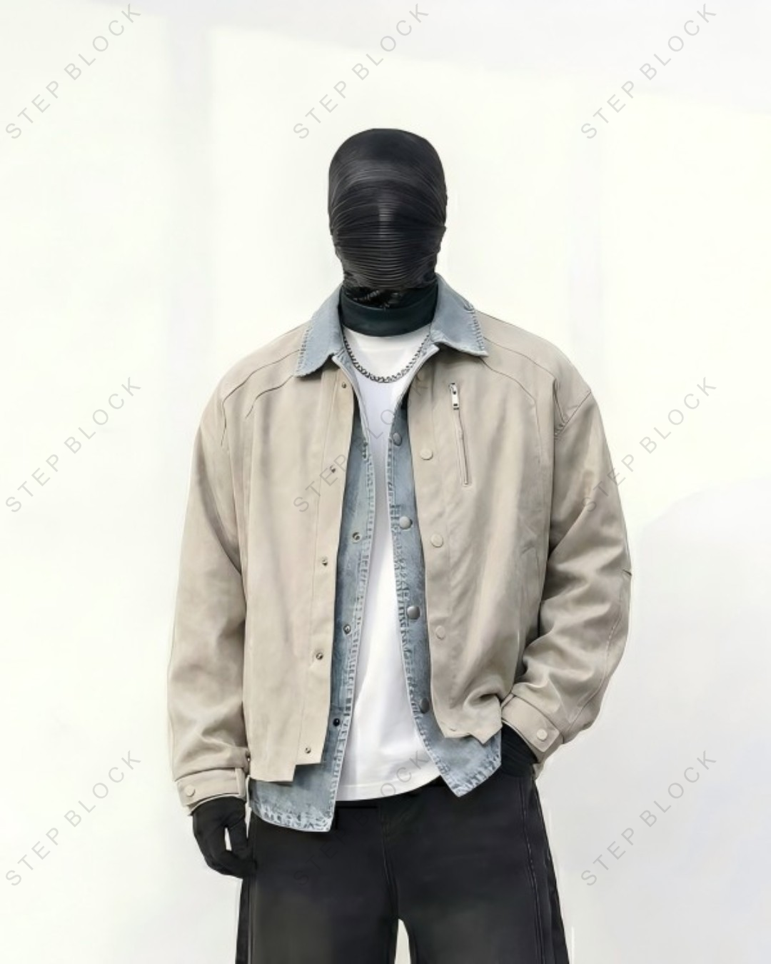 STEP BLOCK ST001 Denim Collar Washed Workwear Zip-Up Jacket