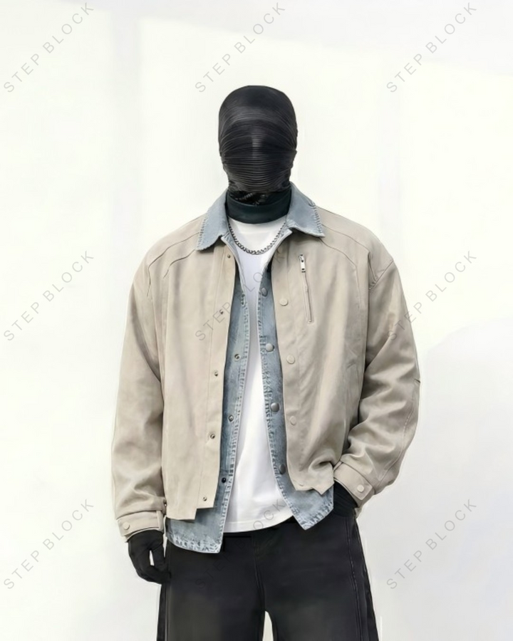 STEP BLOCK ST001 Denim Collar Washed Workwear Zip-Up Jacket