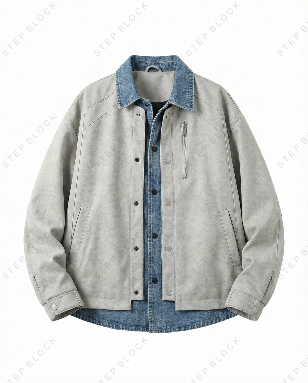 STEP BLOCK ST001 Denim Collar Washed Workwear Zip-Up Jacket