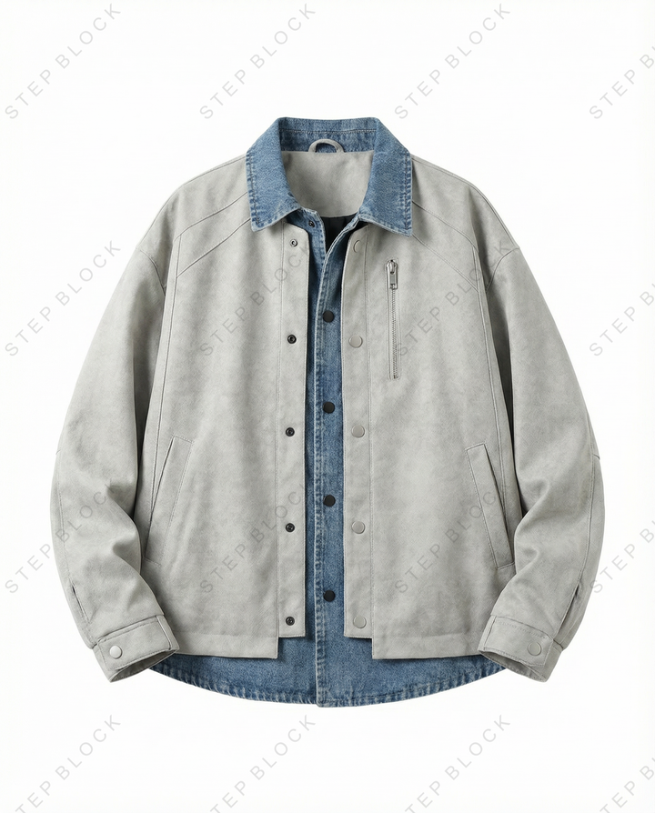 STEP BLOCK ST001 Denim Collar Washed Workwear Zip-Up Jacket