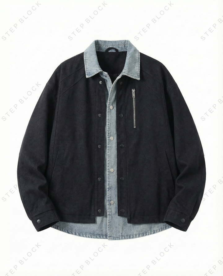 STEP BLOCK ST001 Denim Collar Washed Workwear Zip-Up Jacket