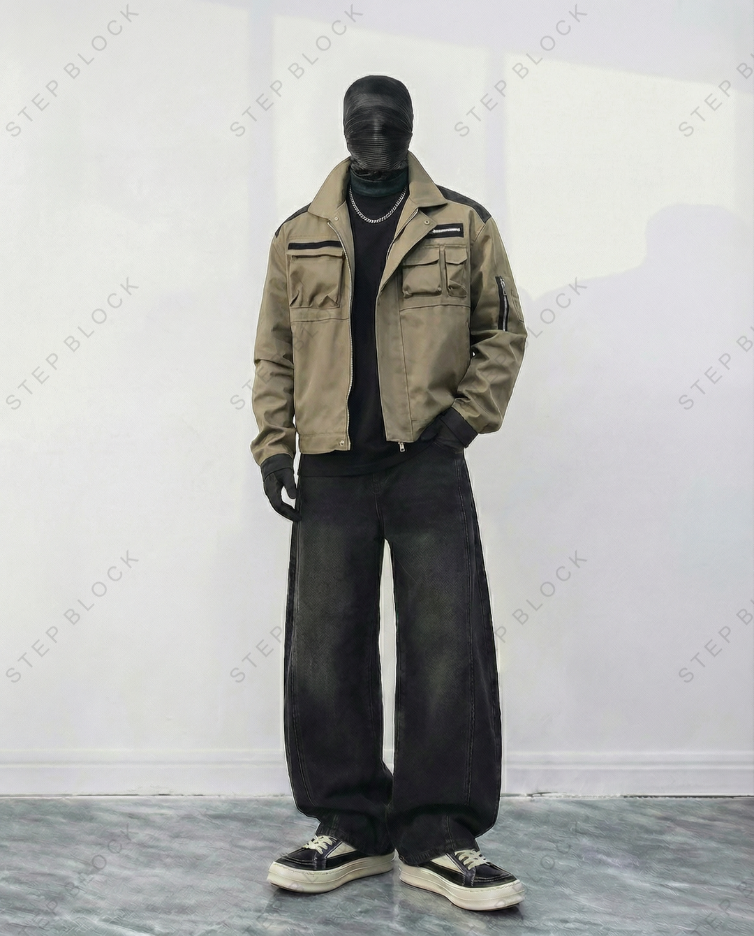 STEP BLOCK ST004 Multi-Pocket Utility Military Style Zip-Up Jacket