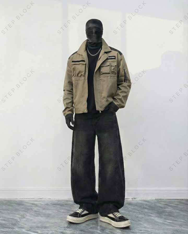 STEP BLOCK ST004 Multi-Pocket Utility Military Style Zip-Up Jacket