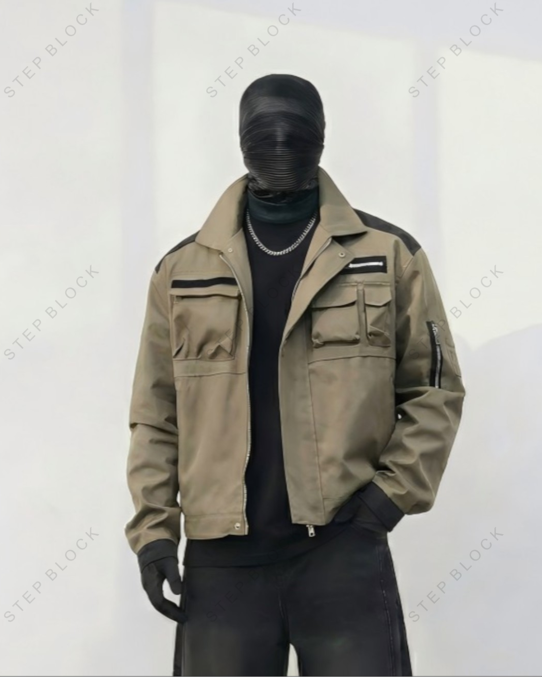 STEP BLOCK ST004 Multi-Pocket Utility Military Style Zip-Up Jacket