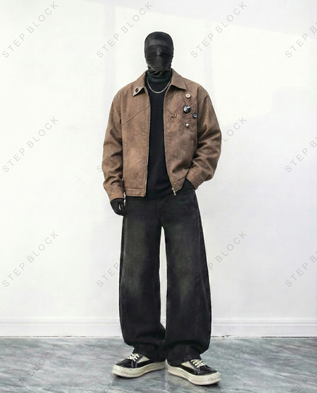 STEP BLOCK ST005 Vintage Washed Badge Detail Workwear Zip-Up Jacket