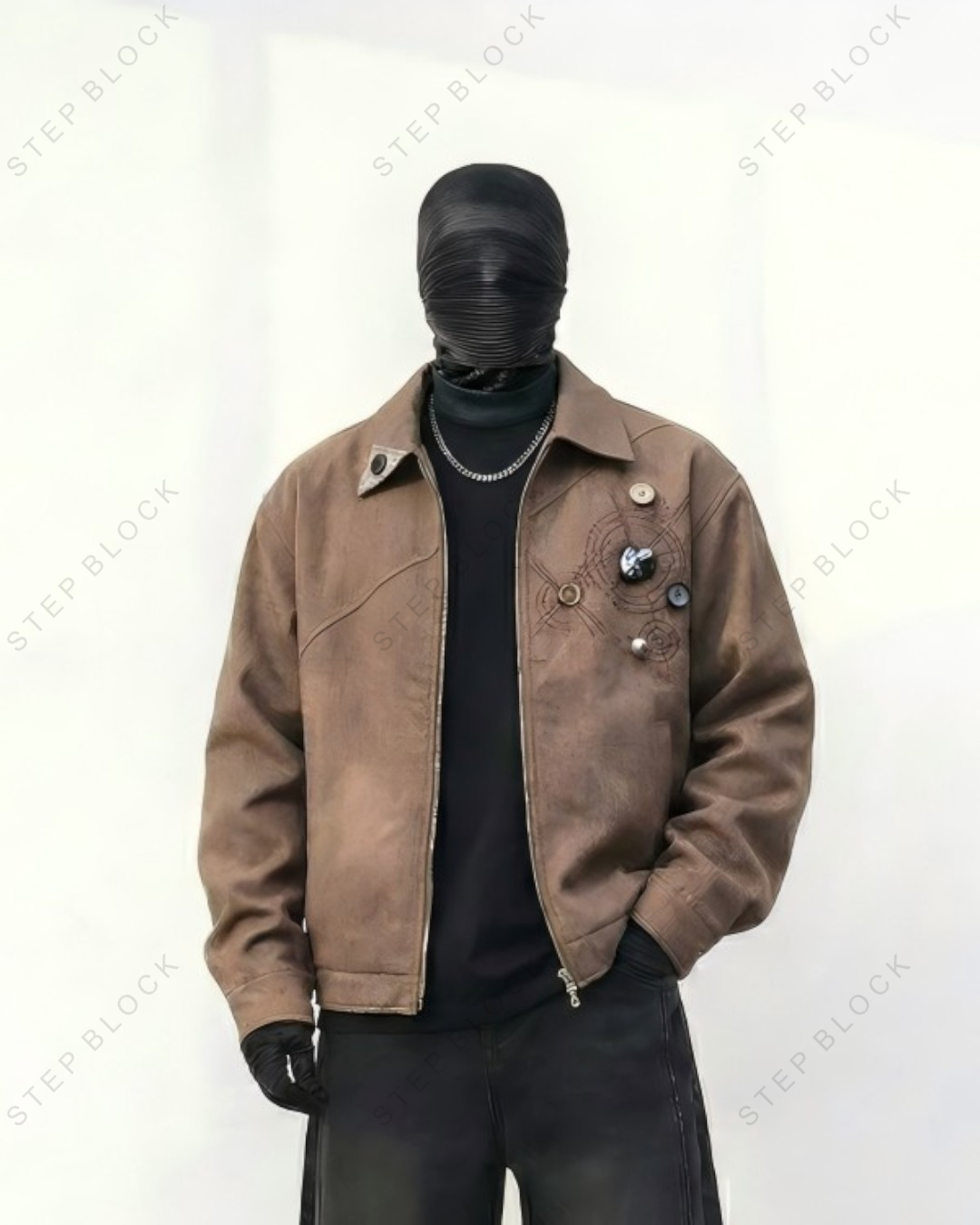 STEP BLOCK ST005 Vintage Washed Badge Detail Workwear Zip-Up Jacket