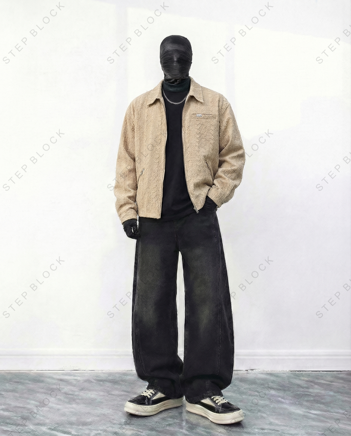 STEP BLOCK ST006 Textured Woven Camp Collar Harrington Jacket