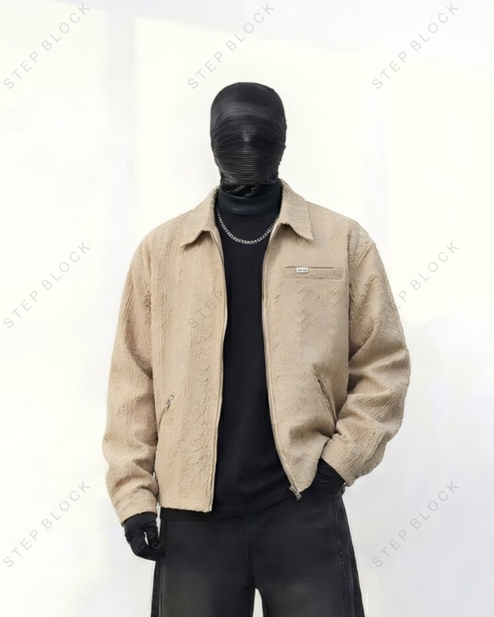 STEP BLOCK ST006 Textured Woven Camp Collar Harrington Jacket