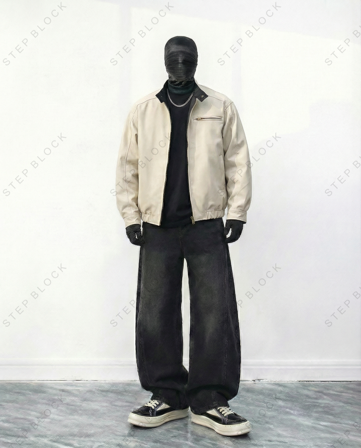 STEP BLOCK ST007 Ribbed Collar Minimalist Harrington Style Zip-Up Jacket