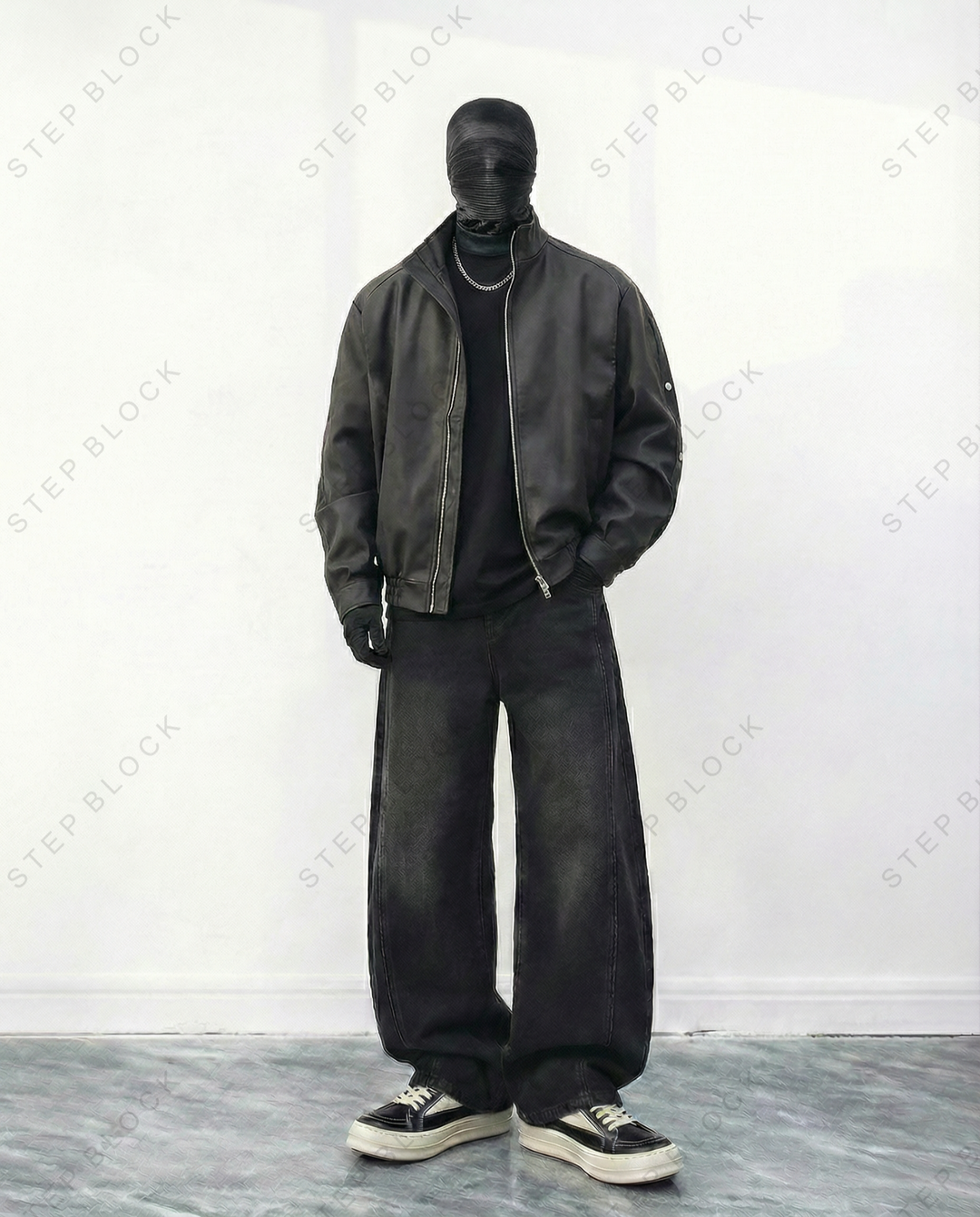 STEP BLOCK ST008 Washed Faux Leather Stand Collar Zip-Up Jacket