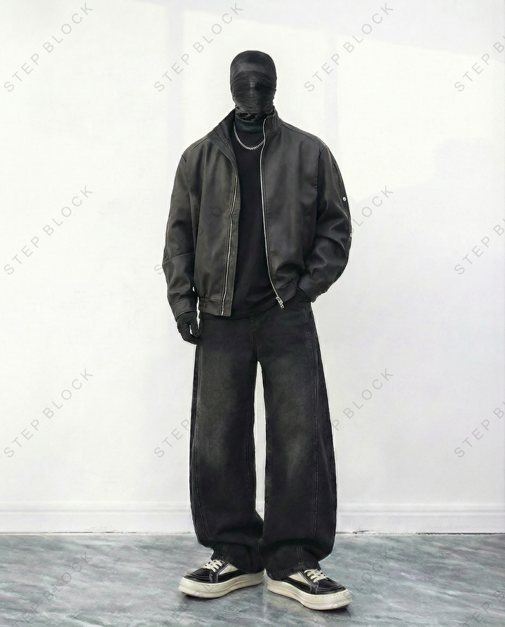 STEP BLOCK ST008 Washed Faux Leather Stand Collar Zip-Up Jacket