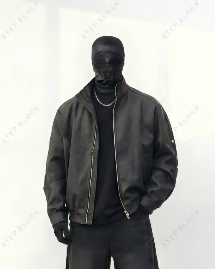 STEP BLOCK ST008 Washed Faux Leather Stand Collar Zip-Up Jacket