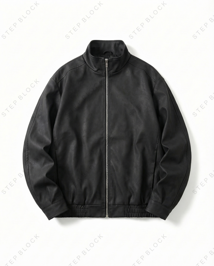 STEP BLOCK ST008 Washed Faux Leather Stand Collar Zip-Up Jacket
