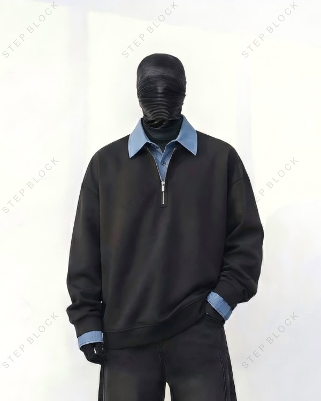 STEP BLOCK ST009 Faux Layered Denim Collar Half-Zip Sweater