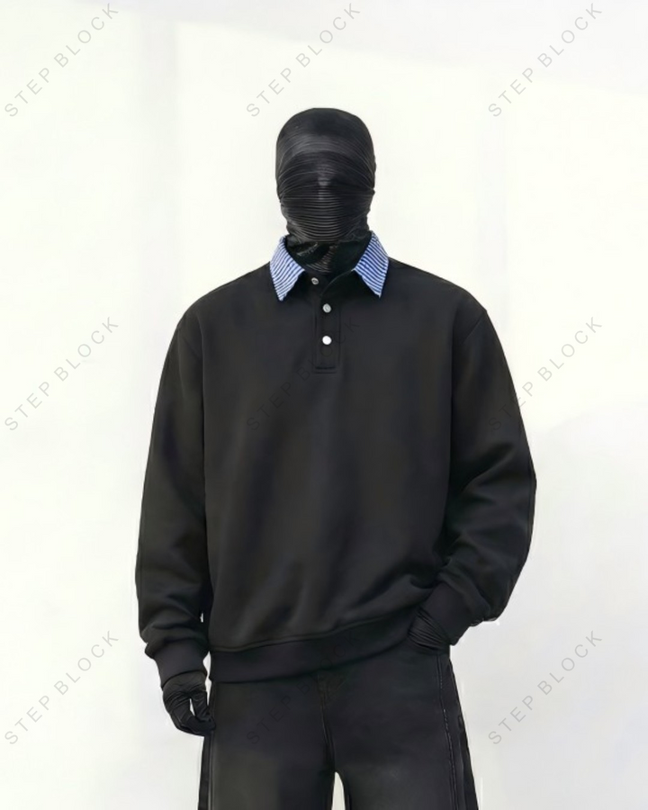 STEP BLOCK ST010 Faux Layered Denim Collar Half-Zip Sweater