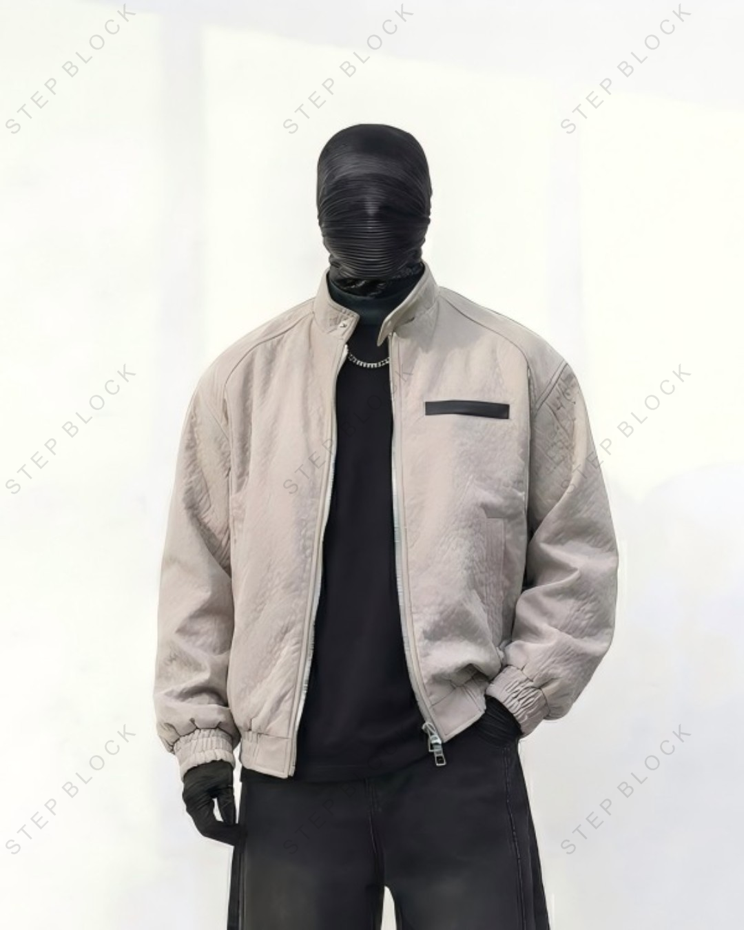 STEP BLOCK ST012 Washed Ribbed Collar Minimalist Bomber Jacket