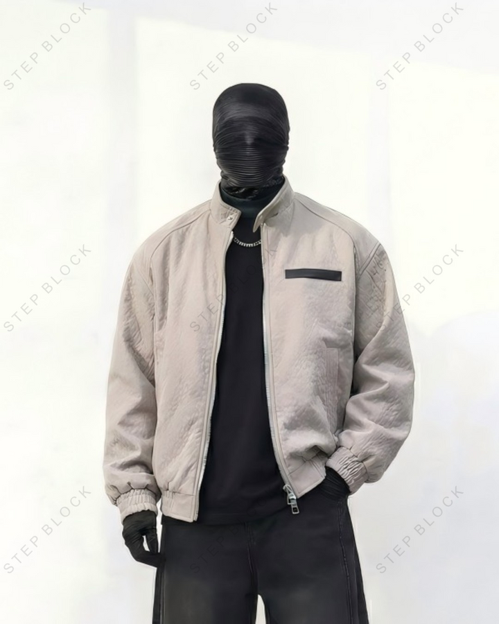 STEP BLOCK ST012 Washed Ribbed Collar Minimalist Bomber Jacket