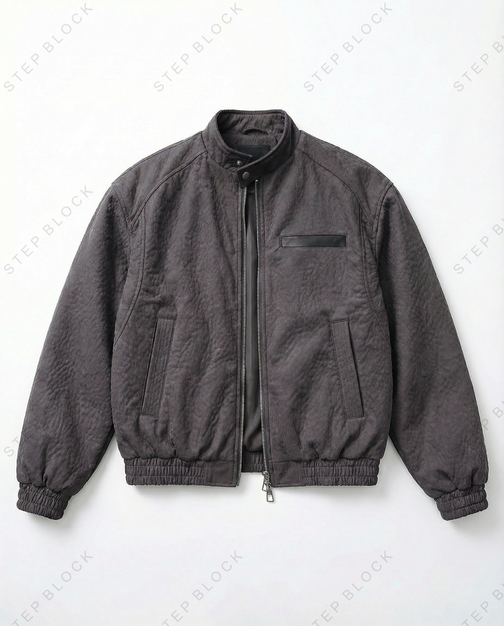 STEP BLOCK ST012 Washed Ribbed Collar Minimalist Bomber Jacket