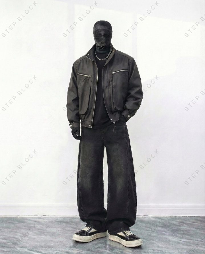 STEP BLOCK ST013 Washed Leather-Look Multi-Zipper Flight Jacket