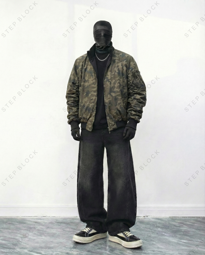 STEP BLOCK ST014 Camouflage Print Ribbed Collar Bomber Jacket