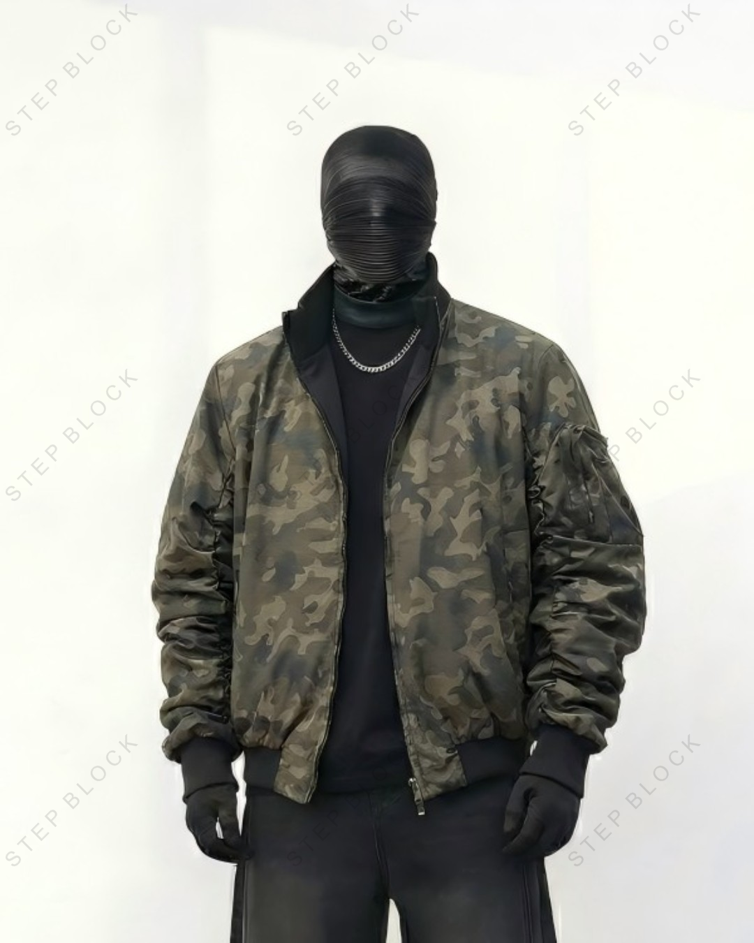 STEP BLOCK ST014 Camouflage Print Ribbed Collar Bomber Jacket