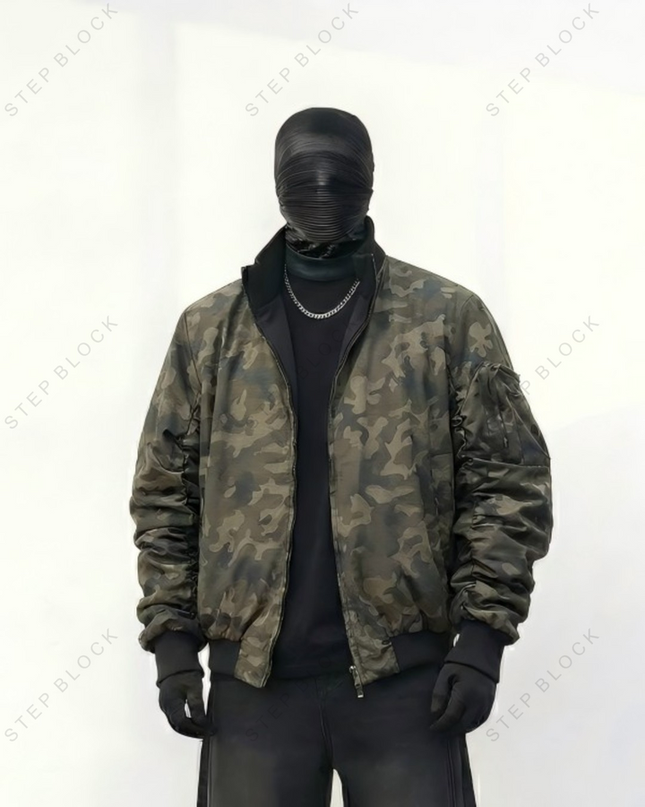 STEP BLOCK ST014 Camouflage Print Ribbed Collar Bomber Jacket