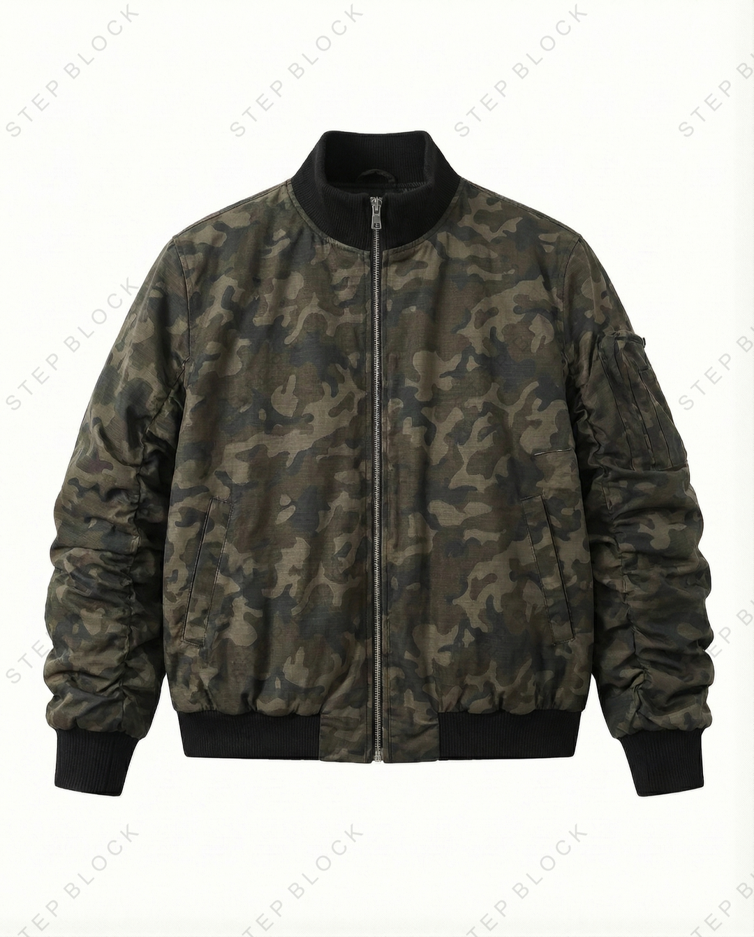 STEP BLOCK ST014 Camouflage Print Ribbed Collar Bomber Jacket