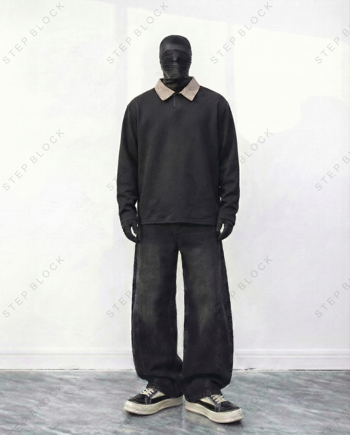 STEP BLOCK ST015 Contrast Collar Half-Zip Long-Sleeve Sweater