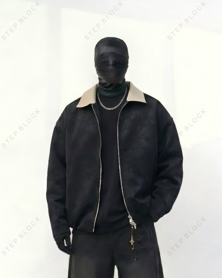 STEP BLOCK ST016 Contrast Collar Harrington Style Zip-Up Jacket