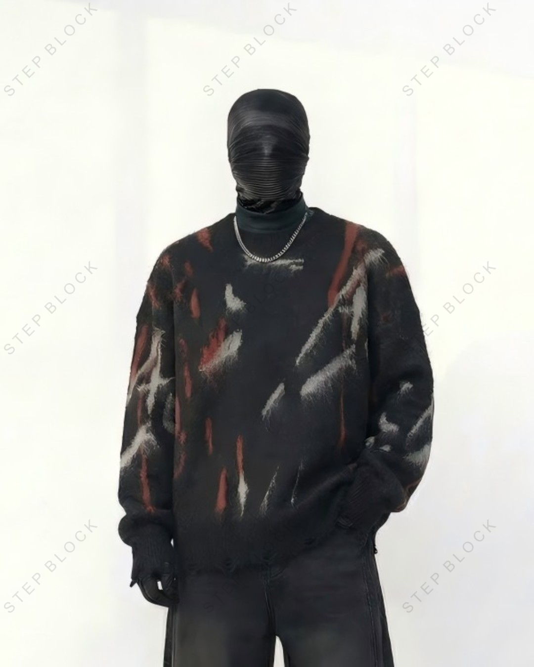 STEP BLOCK ST1014 Distressed Abstract Print Sweater