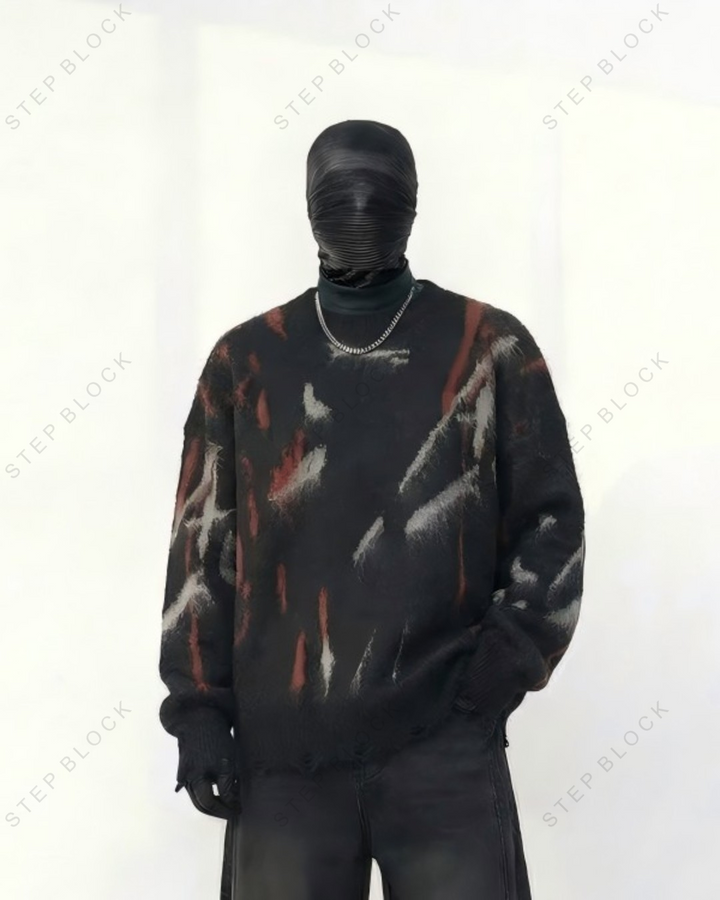 STEP BLOCK ST1014 Distressed Abstract Print Sweater
