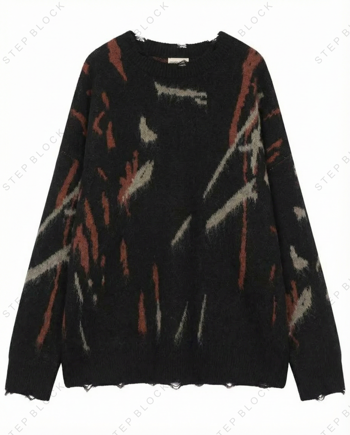 STEP BLOCK ST1014 Distressed Abstract Print Sweater