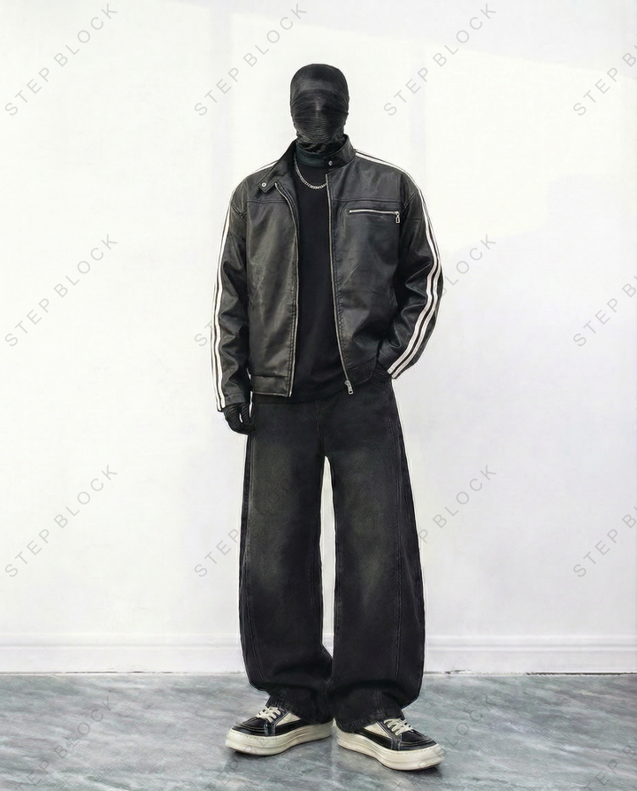 STEP BLOCK ST1015 Striped Sleeve Leather Jacket