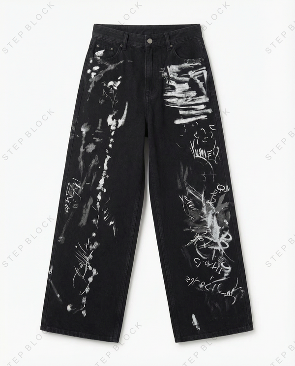 STEP BLOCK MT026 vintage black graffiti print wide-leg pants
