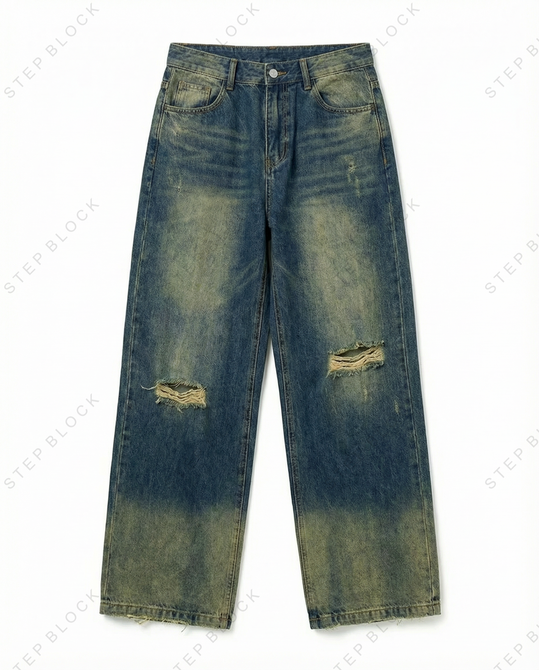 STEP BLOCK MT021 Vintage Distressed Wide-Leg Jeans