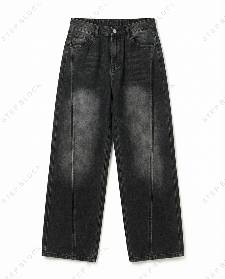 STEP BLOCK MT035 vintage washed black and dark blue baggy jeans