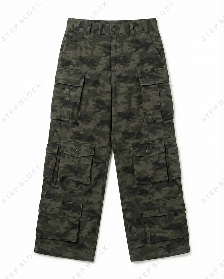 STEP BLOCK MT034 vintage camouflage multi-pocket baggy cargo pants