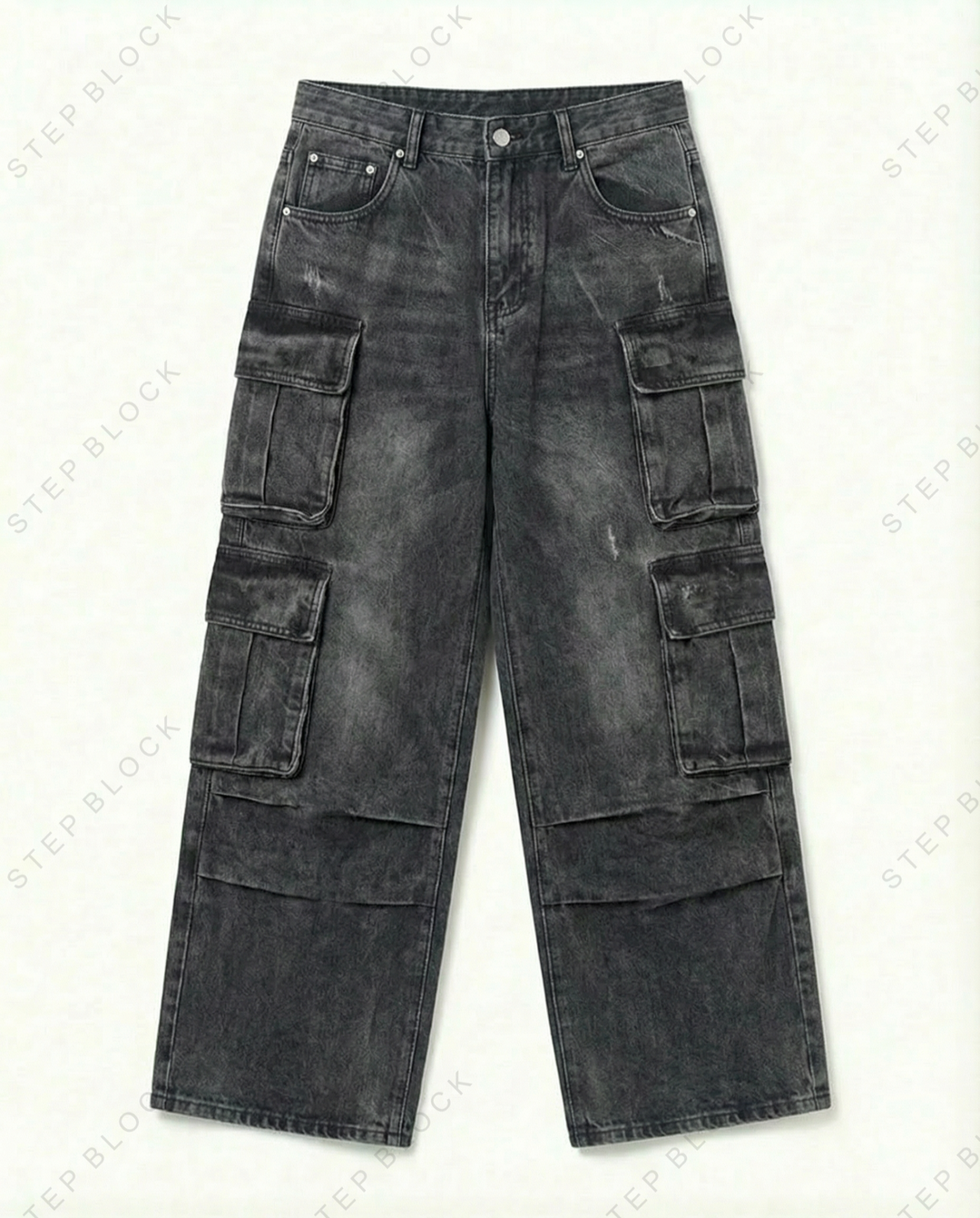 STEP BLOCK MT030 vintage washed multi-pocket baggy cargo jeans