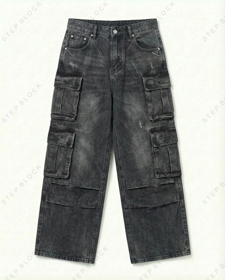 STEP BLOCK MT030 vintage washed multi-pocket baggy cargo jeans