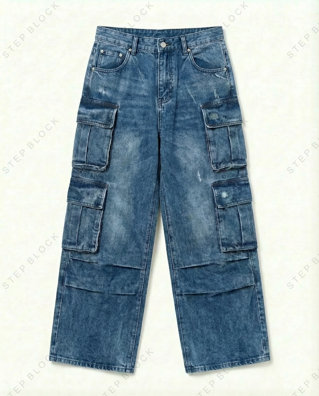 STEP BLOCK MT030 vintage washed multi-pocket baggy cargo jeans