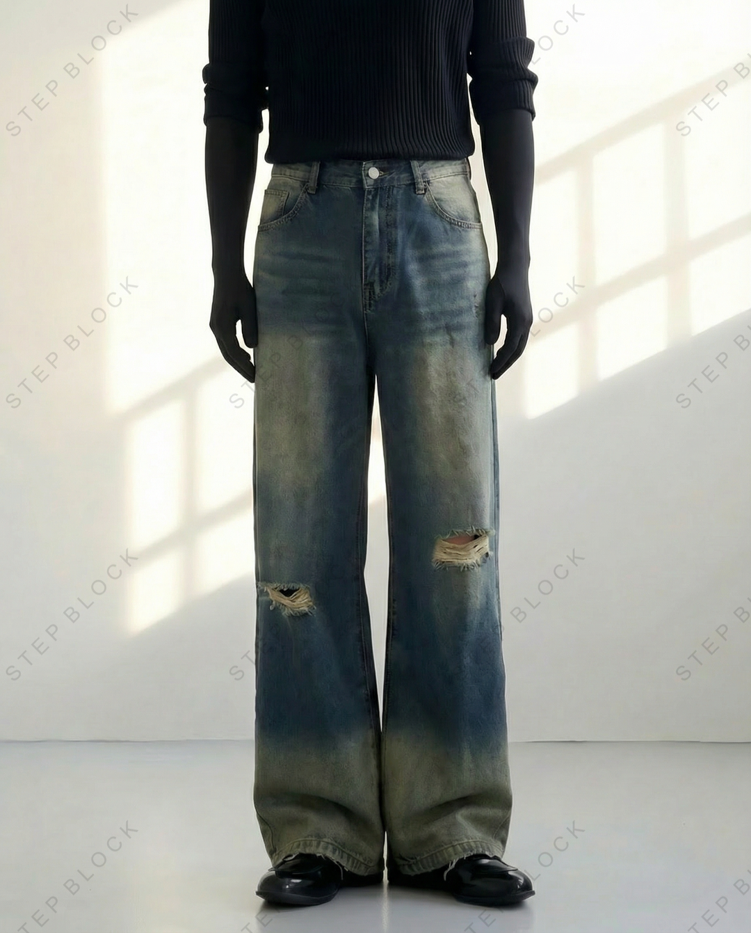 STEP BLOCK MT021 Vintage Distressed Wide-Leg Jeans